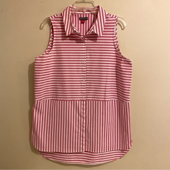 Vince Camuto Womens Size L Sleeveless Button Up Pink White Striped Shirt Top - Picture 1 of 9